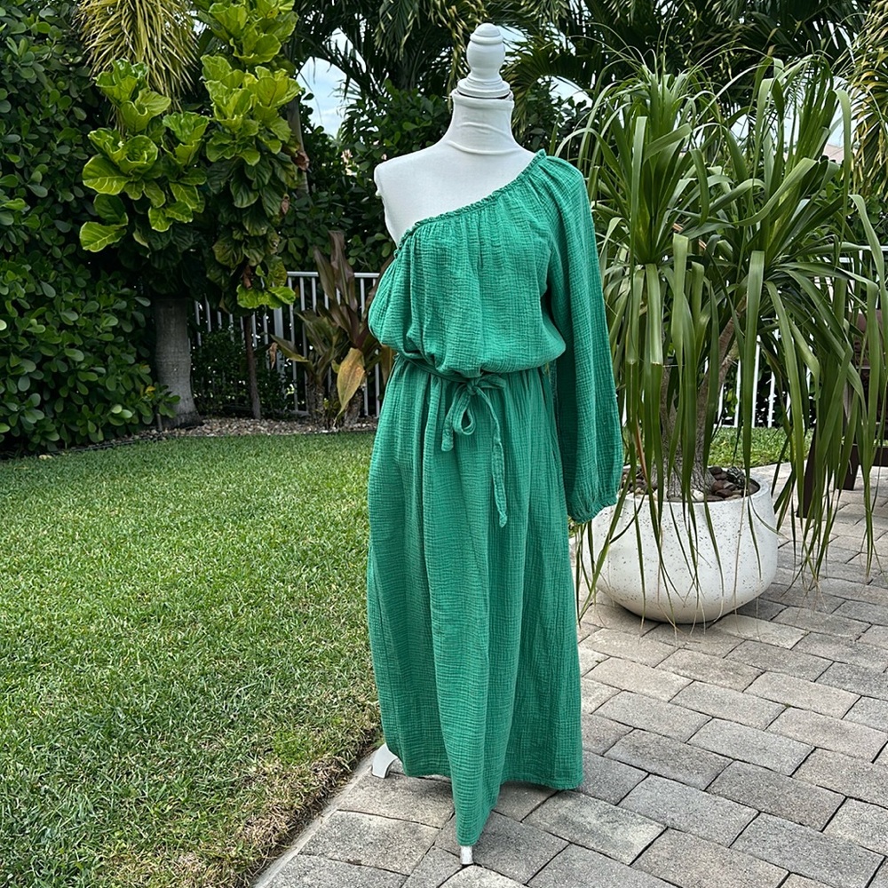 J & L PARIS GREEN COTTON ONE SHOULDER DRESS WITH BELT